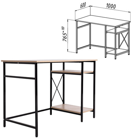 Стол BRABIX &quot;SMART CD-018&quot;, 1100х600х765 мм, ЛОФТ, 2 полки, металл/ЛДСП ясень шимо светлый, каркас черный, 641945