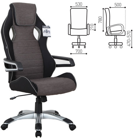 Кресло компьютерное BRABIX "Techno GM-002", ткань, черное/серое, вставки белые, 531815