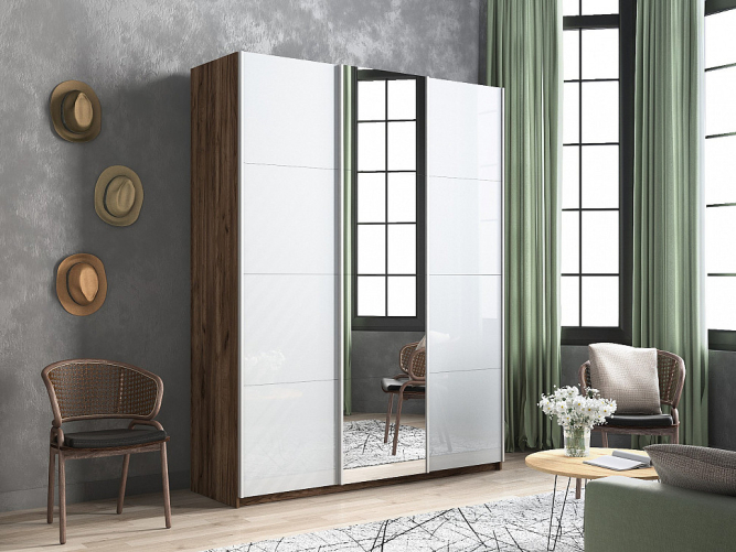 Шкаф-купе Прайм 3-х дверный (Стекло белое/Зеркало/Стекло белое) Крафт табачный