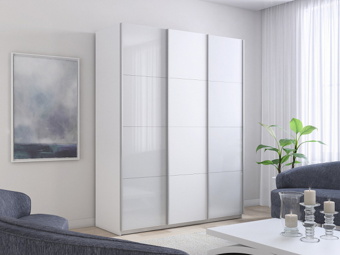 Шкаф-купе Прайм 3-х дверный (Стекло белое/ЛДСП/Стекло белое) Белый снег