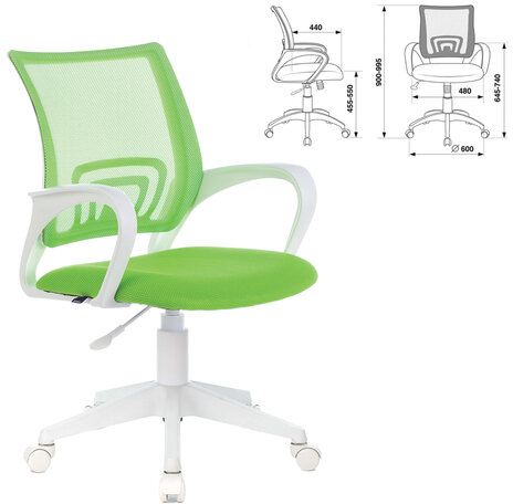 Кресло BRABIX &quot;Fly MG-396W&quot;, с подлокотниками, пластик белый, сетка, салатовое, 532403, MG-396W_532403