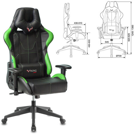 Кресло компьютерное Zombie VIKING 5 AERO, 2 подушки, экокожа, черное/зеленое, 1359298