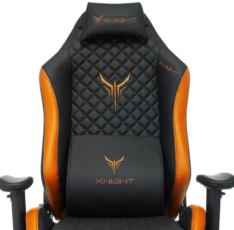 Кресло компьютерное Knight EXPLORE, 2 подушки, экокожа премиум, черное/оранжевое, 1628886