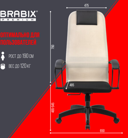 Кресло BRABIX PREMIUM &quot;Ultimate EX-800&quot; пластик, плотная двойная сетка Х2, черное/бежевое, 532916
