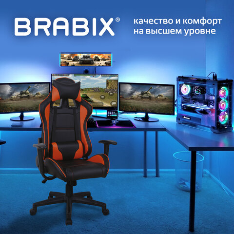 Кресло компьютерное BRABIX &quot;GT Racer GM-100&quot;, две подушки, экокожа, черное/оранжевое, 531925