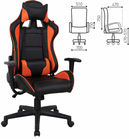 Кресло компьютерное BRABIX &quot;GT Racer GM-100&quot;, две подушки, экокожа, черное/оранжевое, 531925