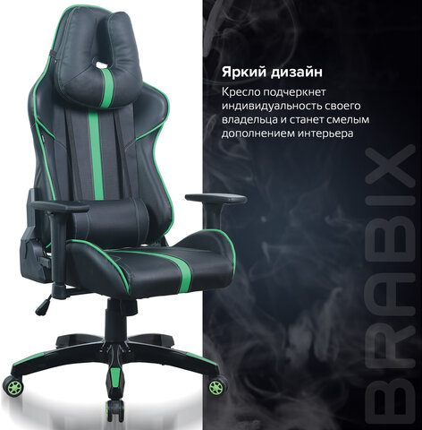 Кресло компьютерное BRABIX &quot;GT Carbon GM-120&quot;, две подушки, экокожа, черное/зеленое, 531929