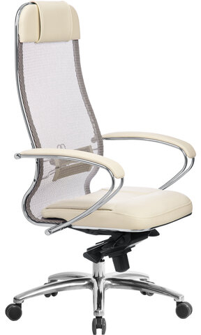 Кресло офисное МЕТТА &quot;SAMURAI&quot; SL-1.04, сверхпрочная ткань-сетка/рециклированная кожа, бежевое