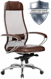 Кресло офисное МЕТТА &quot;SAMURAI&quot; SL-1.04, сверхпрочная ткань-сетка/рециклированная кожа, темно-коричневое