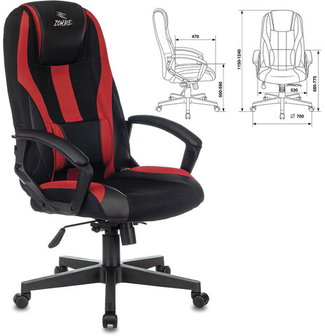 Кресло компьютерное ZOMBIE-9/BL+RED, подушка, экокожа/ткань, черное/красное, 1583707