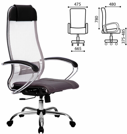 Кресло офисное МЕТТА &quot;К-3&quot; хром, ткань-сетка, сиденье и спинка регулируемые, темно-серое
