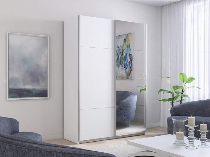 Шкаф-купе Прайм 2-х дверный (ЛДСП/Зеркало)Белый снег