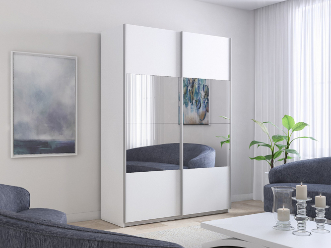 Шкаф-купе Прайм 2-х дверный (ЛДСП/Зеркало)Белый снег