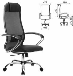 Кресло офисное МЕТТА &quot;К-5.1&quot; хром, ткань-сетка/кожа, сиденье мягкое, черное