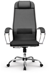 Кресло офисное МЕТТА &quot;К-5.1&quot; хром, ткань-сетка/кожа, сиденье мягкое, черное