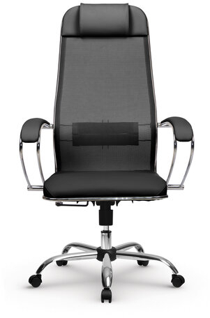 Кресло офисное МЕТТА &quot;К-5.1&quot; хром, ткань-сетка/кожа, сиденье мягкое, черное