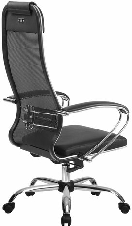 Кресло офисное МЕТТА &quot;К-5.1&quot; хром, ткань-сетка/кожа, сиденье мягкое, черное