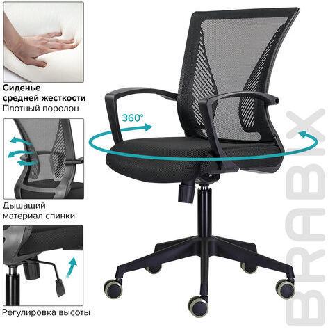 Кресло BRABIX &quot;Wings MG-309&quot;, пластик черный, сетка, черное, 532015