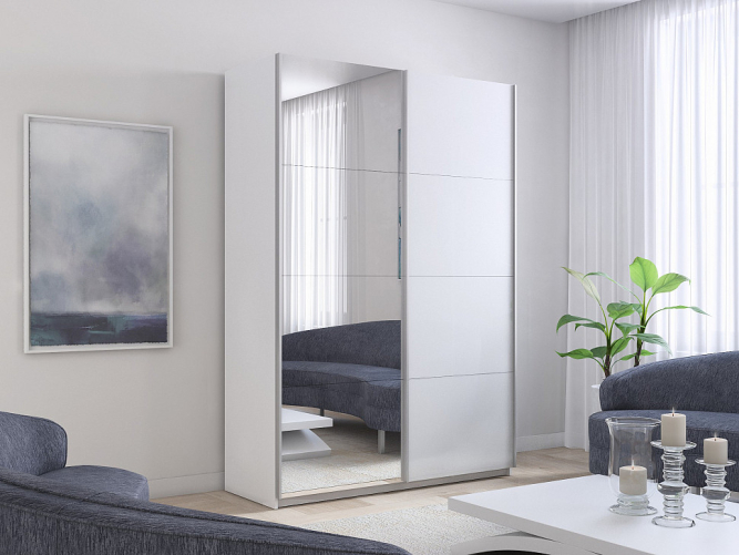 Шкаф-купе Прайм 2-х дверный (Зеркало/Стекло белое)Белый снег