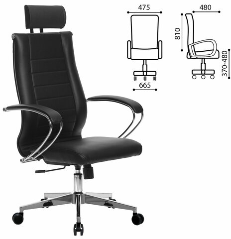 Кресло офисное МЕТТА &quot;К-32&quot; хром, рецик. кожа, подголовник, сиденье и спинка мягкие, черное