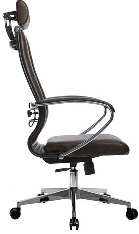 Кресло офисное МЕТТА &quot;К-32&quot; хром, рецик. кожа, подголовник, сиденье и спинка мягкие, темно-коричневое