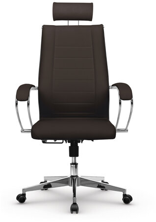 Кресло офисное МЕТТА &quot;К-32&quot; хром, рецик. кожа, подголовник, сиденье и спинка мягкие, темно-коричневое