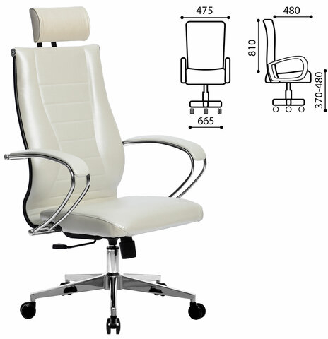 Кресло офисное МЕТТА &quot;К-34&quot; хром, рецик. кожа, подголовник, сиденье и спинка мягкие, белое