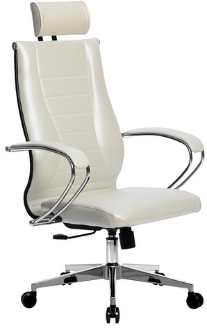 Кресло офисное МЕТТА &quot;К-34&quot; хром, рецик. кожа, подголовник, сиденье и спинка мягкие, белое
